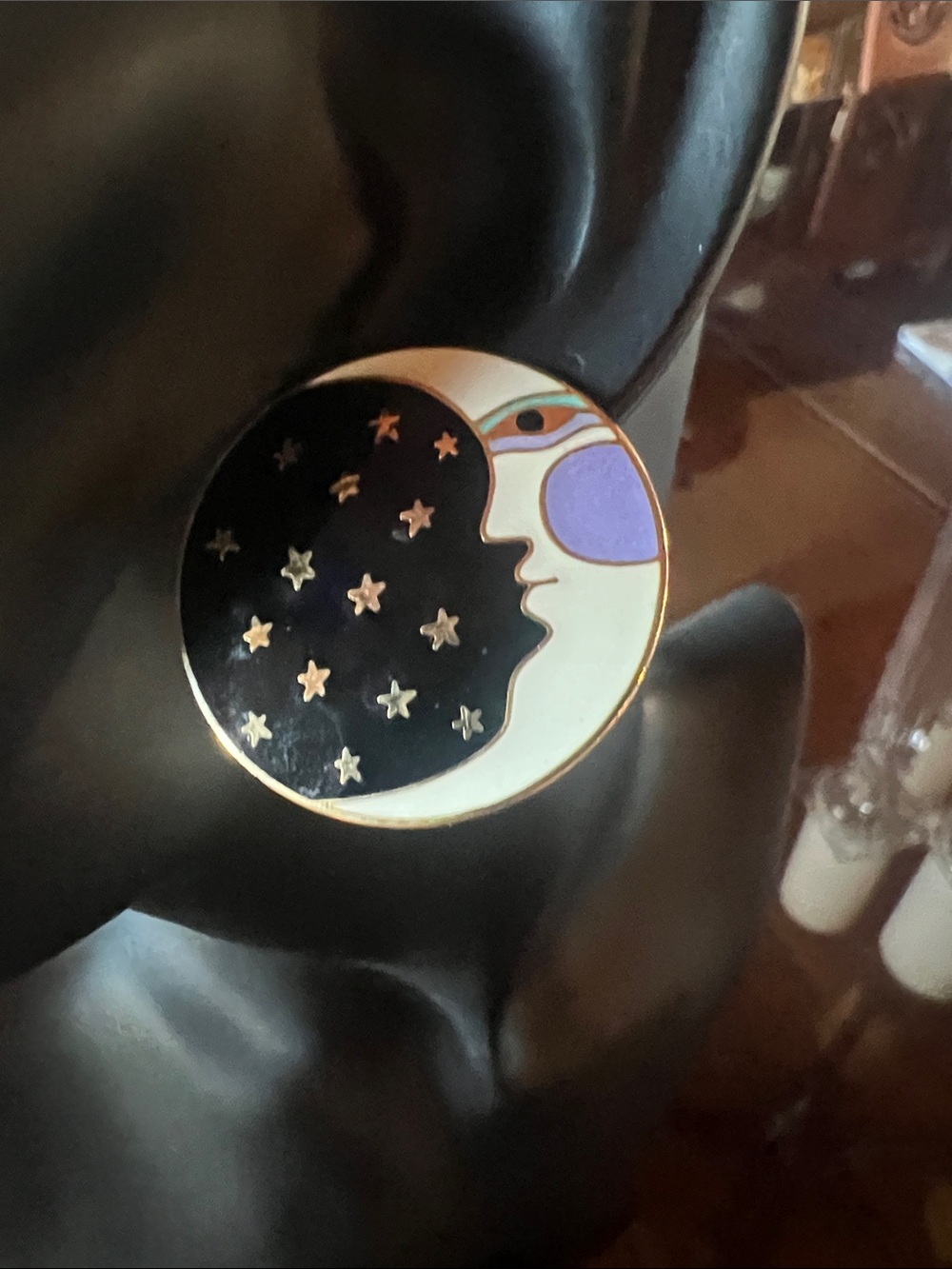Celestial Moon Face Enamel Earrings - Black, White & Purple